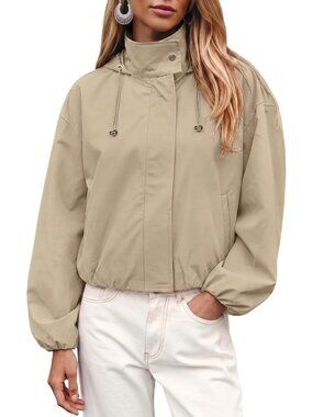 Women Taupe Polyester Stand Collar Hooded Long Sleeve Elastic Cuff Bomber Jacket